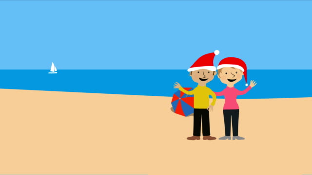 Christmas-on-warm-beach-with-romantic-couple-in-santa-hats