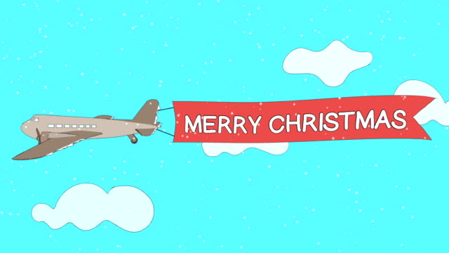 Airplane-is-passing-through-the-clouds-with-"Merry-Christmas"-banner---Seamless-loop