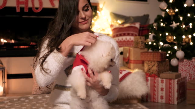 Frau-und-Hund-Spaß-zu-Weihnachten