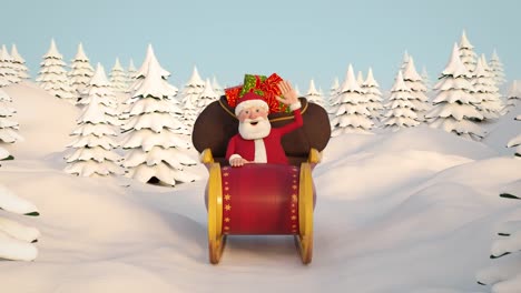 Santa-Claus-driving-through-snowy-landscape-in-his-sleigh.-Front-View.-Seamless-looping-3d-animation