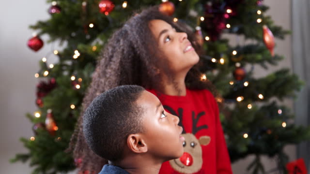 Kinder-Spiel-Scharade-mit-Weihnachtsbaum-im-Hintergrund-beobachten