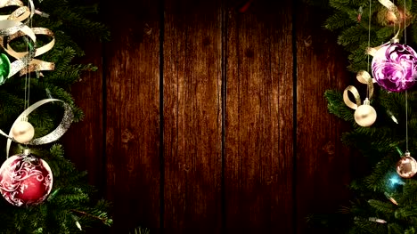 Helle-festliche-Weihnachten-Rahmen-auf-einem-alten-rustikalen-Holztisch,-eine-erstaunliche-magische-Atmosphäre-schaffen.-geschlungen