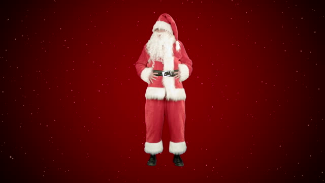 Glückliches-Weihnachten-Weihnachtsmann,-Spaß-haben-und-tanzen-auf-rotem-Hintergrund-mit-Schnee