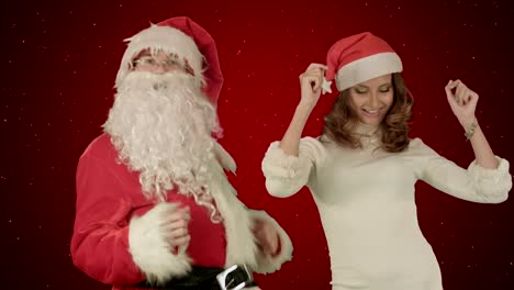Santa-Claus-baile-con-atractiva-dama-de-Navidad-sobre-fondo-rojo-con-nieve