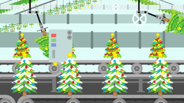 Muchas-clases-de-árboles-de-Navidad-en-una-cinta-transportadora-de-la-fábrica-en-estilo-de-dibujos-animados