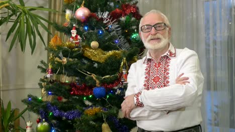 Retrato-del-viejo-hombre-guapo-en-el-bordado-de-cerca-de-un-árbol-de-Navidad