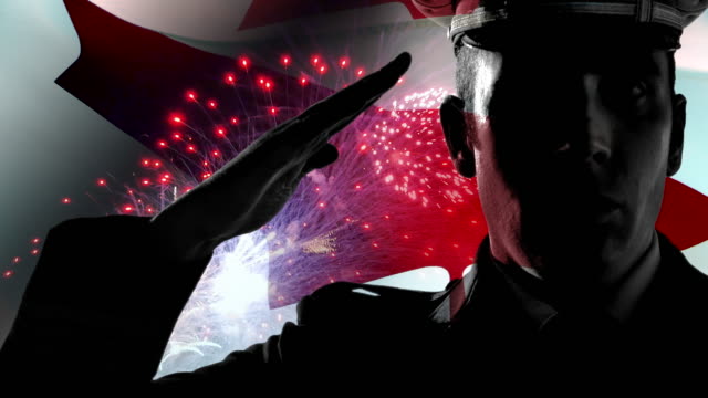 Kanadische-Flagge-und-Soldat-Salute-Firework-Display-militärische-Silhouette