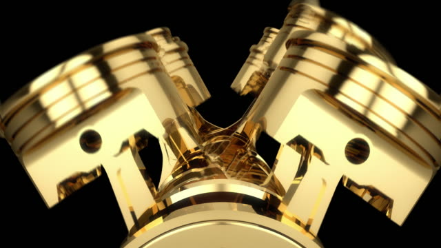 Slow-Motion-Nahaufnahme-arbeiten-Gold-farbigen-V8-Motor-Animation---Schleife