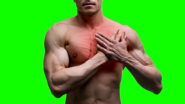 Heart-attack,-elderly-muscular-man-with-infarction-on-green-background,-chroma-key-4K-video