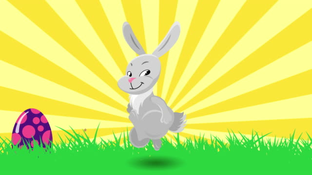 Lindo-baile-conejo-bunny-y-rebote-huevos.-Felices-fiestas-animación-de-tarjeta-de-felicitación-de-Pascua.-Fondo-de-movimiento-bucle-sin-fisuras.