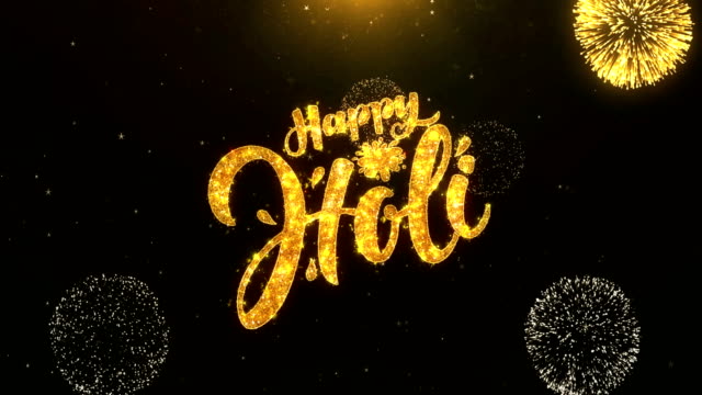 Happy-Holi-Grußkarten-Text-zeigen-aus-goldenen-Feuerwerk-&-Cracker-auf-Glitter-glänzend-Magic-Partikel-Funken-Night-für-Wünsche,-Veranstaltungen,-Nachricht,-Urlaub,-Feier,-festival