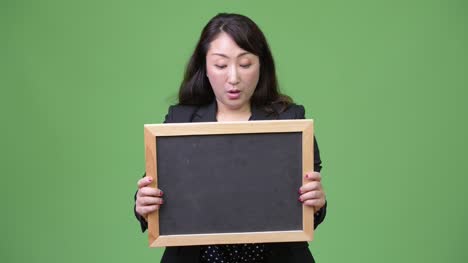 Mature-beautiful-Asian-businesswoman-looking-shocked-while-showing-blackboard