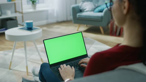 Junge-Frau-zu-Hause-arbeitet-an-einem-Laptop-Computer-mit-grünen-Mock-up-Bildschirm.-Er-sitzt-auf-einer-Couch-in-seinem-gemütlichen-Wohnzimmer.-Über-die-Schulter-Kamera-Aufnahme