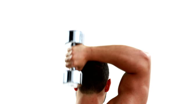 Muscular-bodybuilder-lifting-dumbbell-above-his-head
