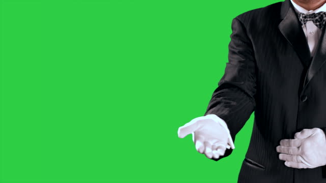 Tuxedo-Man-Gestures,-Open-Hand-Reveal-to-Center-Screen,-Green-Screen