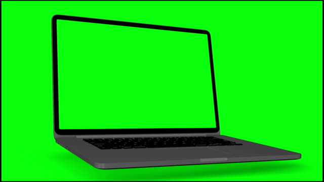 4K-Video.-Laptop-(Notebook)-mit-Greenscreen-auf-grünem-Hintergrund-einschalten.