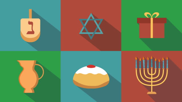 Hanukkah-Ferienwohnung-design-Animation-Icon-Set-mit-traditionellen-Symbolen