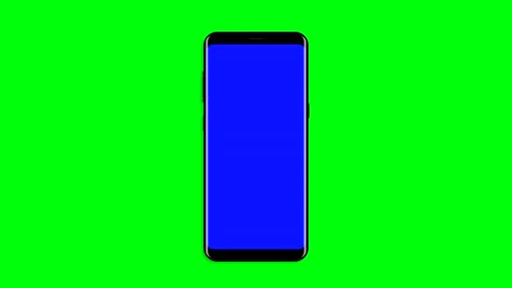 Black-smartphone-turns-on-on-blue-background.-Easy-customizable-green-screen.-Computer-generated-image.-4K-video.