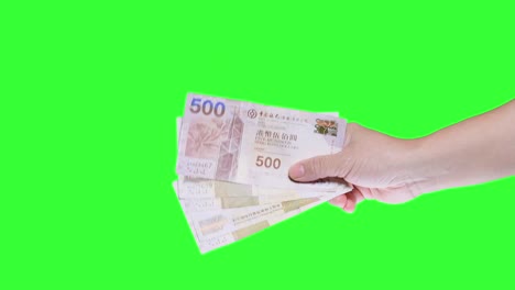Mano-que-sostiene-una-nota-de-quinientos-dólares-de-hong-kong-aislada-sobre-fondo-de-pantalla-verde