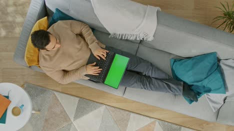 Young-Man-in-Brown-Jumper-and-Grey-Jeans-is-Lying-Down-on-a-Sofa,-Using-a-Laptop-with-Green-Screen.-Cozy-Living-Room-with-Modern-Interior-with-Plants,-Coffee-Table-and-Wooden-Floor.-Top-View-with-Zoom-Out.