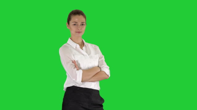 Thoughtful-woman-with-crossed-hands-on-a-Green-Screen,-Chroma-Key