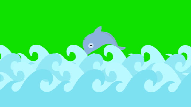 Dibujos-animados-delfines-saltando-entre-las-olas-del-mar-sobre-una-pantalla-verde