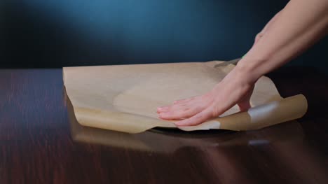 Cook-Cutting-a-Section-of-Baking-Paper-with-Scissors