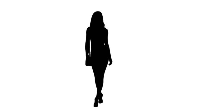 Silhouette-of-casual-young-brunette-girl-in-a-dress-walking-in-the-white-background.