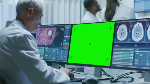 Senior-Medical-Research-Scientist-Working-with-Brain-Scans-on-His-Personal-Computer-Showing-Green-Mock-up-Screen.-Modern-Laboratory-Working-on-Neurophysiology,-Science,--Neuropharmacology.-Understanding-Human-Brain.