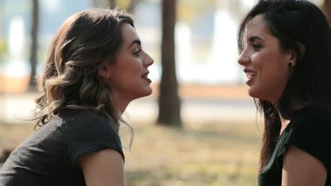 Lesbian-couple-kissing-each.-LGBT-Girlfriend-kisses-female-mate-at-the-park