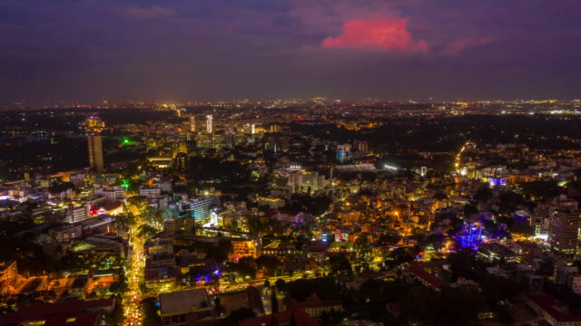 Sonnenuntergang-Bangalore-Stadtbild-Verkehr-Straße-aerial-Panorama-Zeitraffer-4k-Indien
