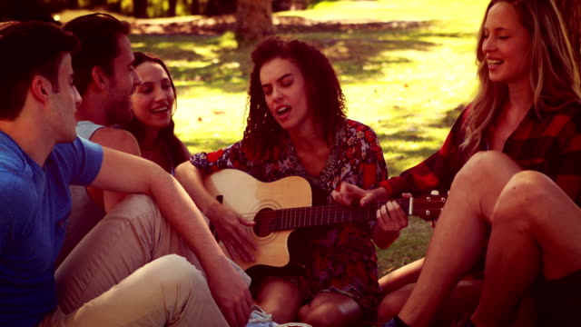 Glückliche-Freunde-im-park,-Picknick-und-spielen-Gitarre