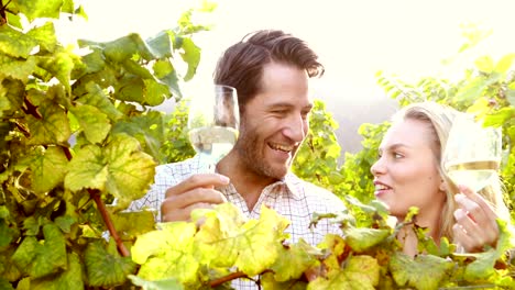 Young-happy-couple-holding-wine-glasses