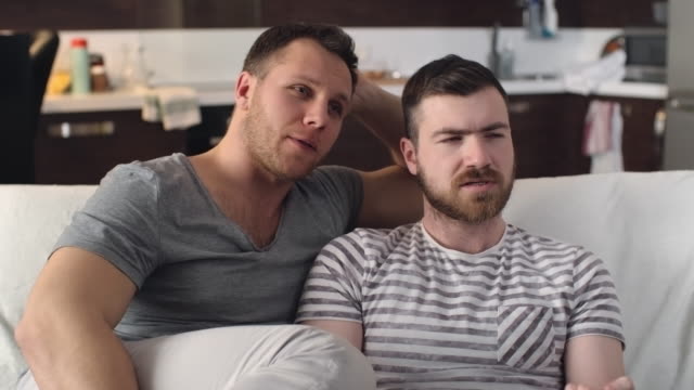 Gay-couple-discussing-a-TV-show