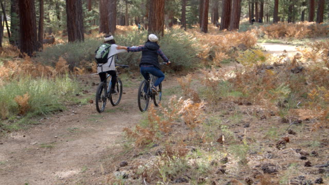 Two-women-embracing-as-they-ride-bikes-in-forest,-back-view