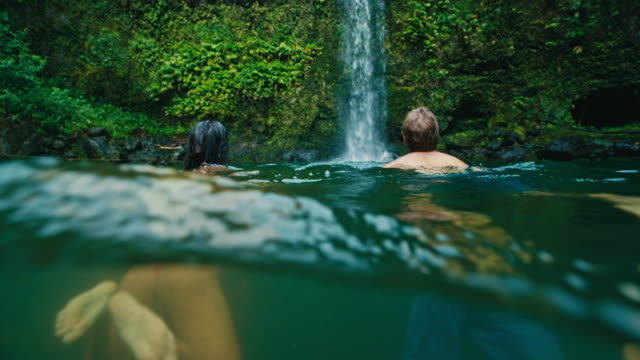 Couple-Swimming-to-Waterfall