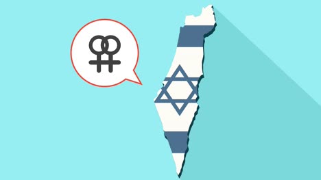 Animation-of-a-long-shadow-Israel-map-with-its-flag-and-a-comic-balloon-with-an-interlaced-female-and-female-sexual-signs---lesbian-sign