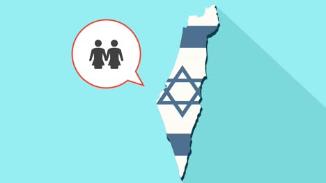 Animation-einer-langen-Schatten-Israel-Karte-mit-seiner-Flagge-und-eine-Comic-Sprechblase-mit-ein-lesbisches-Paar-Piktogramm