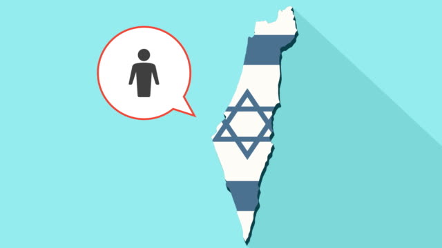 Animation-einer-langen-Schatten-Israel-Karte-mit-seiner-Flagge-und-eine-Comic-Sprechblase-mit-einem-männlichen-Piktogramm