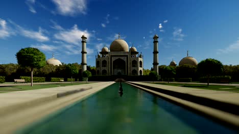 Taj-Mahal-contra-el-cielo-azul,-inclinación-cam,-4K