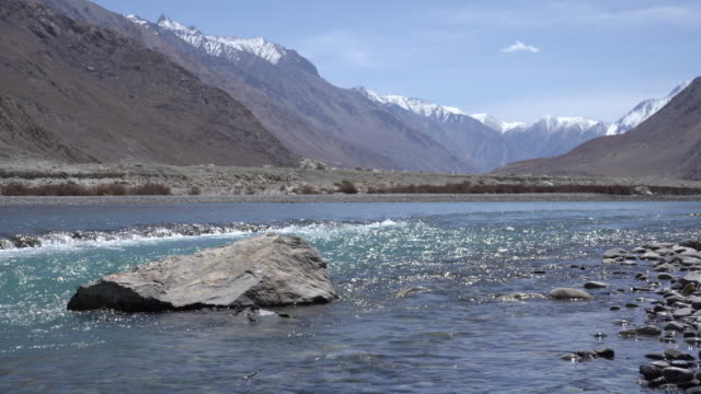 A-river-flows-over-rocks-in-this-beautiful-scene-in-the-himalaya-mountains,-The-Shyok-River-flows-through-northern-Ladakh-in-India