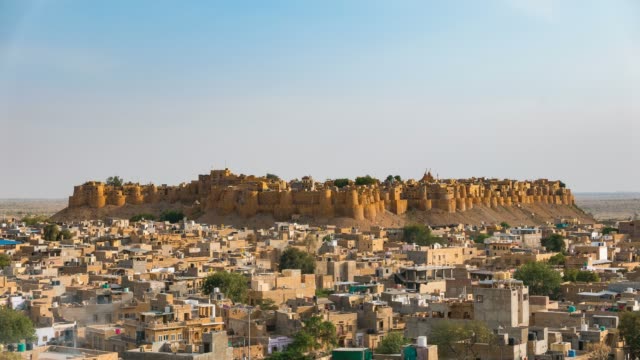 Paisaje-urbano-de-Jaisalmer-en-el-lapso-de-tiempo-de-puesta-de-sol,