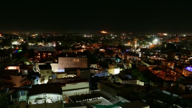 Lapso-de-tiempo-de-noche-en-Jodhpur,-Rajasthán,-la-India.