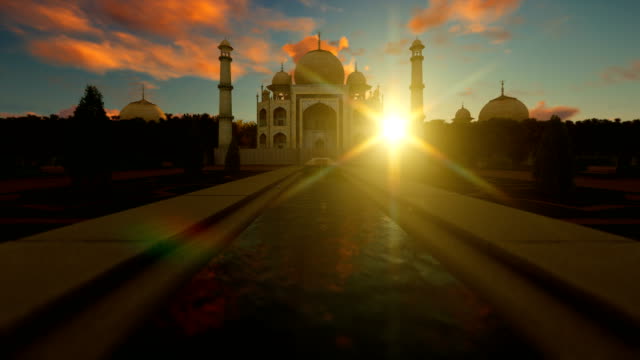 Taj-Mahal-contra-hermoso-cielo-al-atardecer,-4K