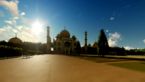 Taj-Mahal-contra-el-cielo-azul,-vista-panorámica,-4K