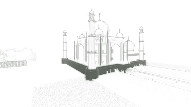 Taj-Mahal-with-tourists,-sketch-on-white,-drone-flight-4K