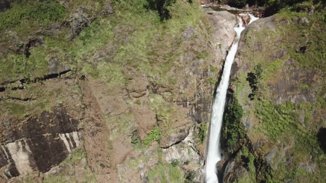 Waterfall-in-Himalayas-range-Nepal-from-Air-view-from-drone