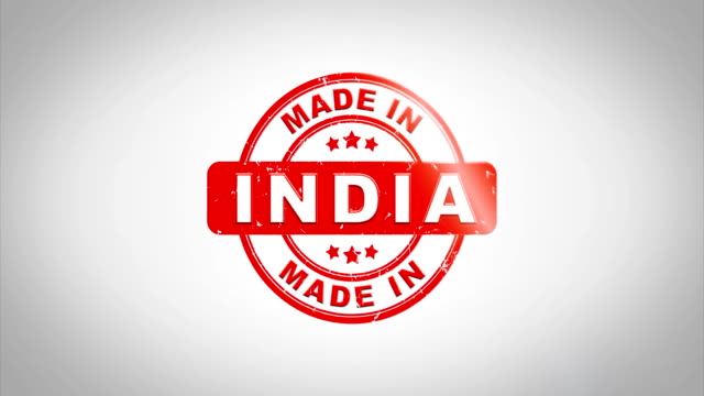 Made-In-INDIA-Signed-Stamping-Text-Wooden-Stamp-Animation.-Red-Ink-on-Clean-White-Paper-Surface-Background-with-Green-matte-Background-Included.