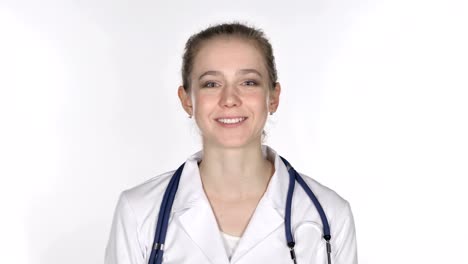 Online-Video-Chat-von-Young-Lady-Doctor,-weißer-Hintergrund
