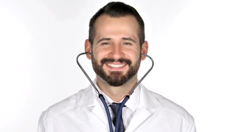 Doctor-Wearing-Stethoscope,-White-Background